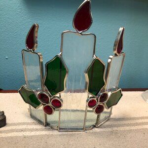 International Silver Company "Holly and candles" stained glass candle holder